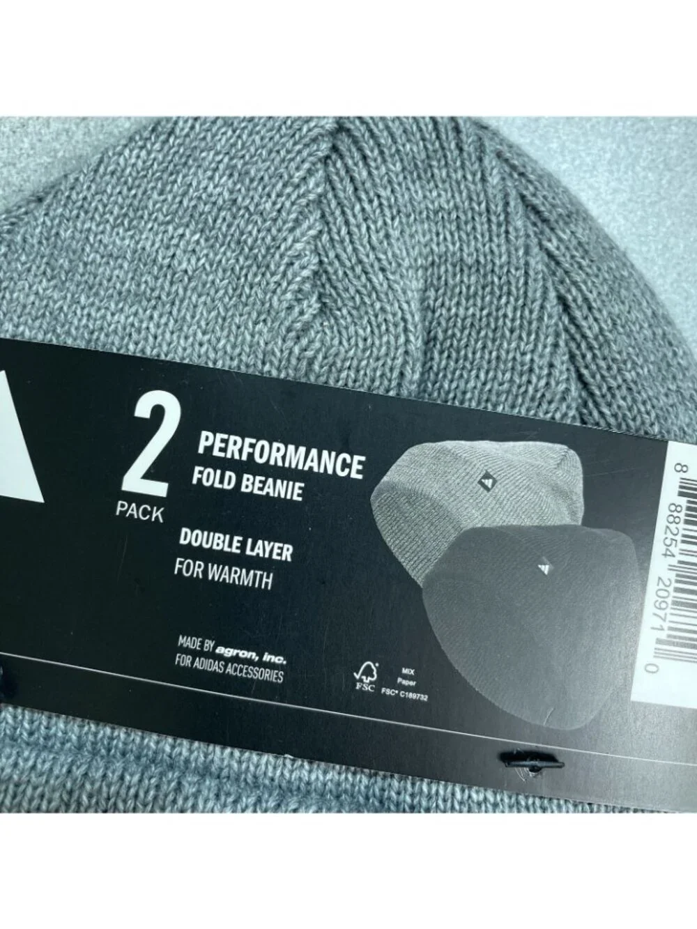 NWT Adidas 2 Pack Performance Fold Beanie Double Layer For Warmth Gray & Black